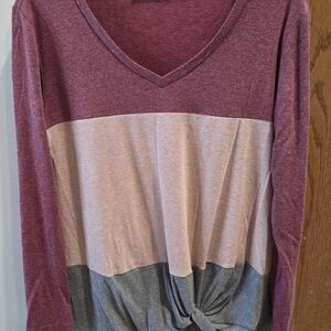 Women's V-Neck Colorblock Long Sleeve Top - Mauve, Light Pink & Gray